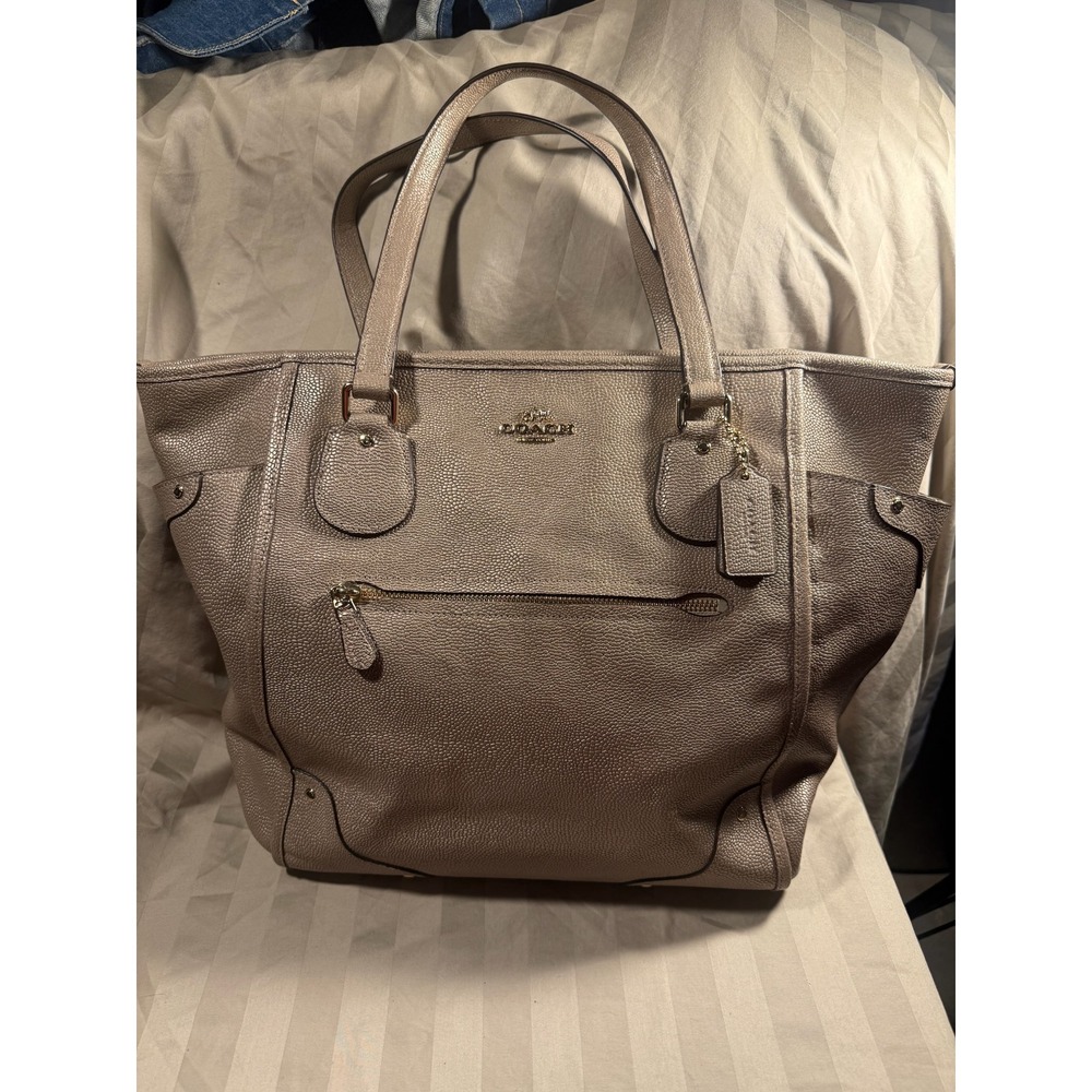 Coach Metallic Pebbled Leather Tote Bag Champagne Gold F34103 Zip Top Handbag